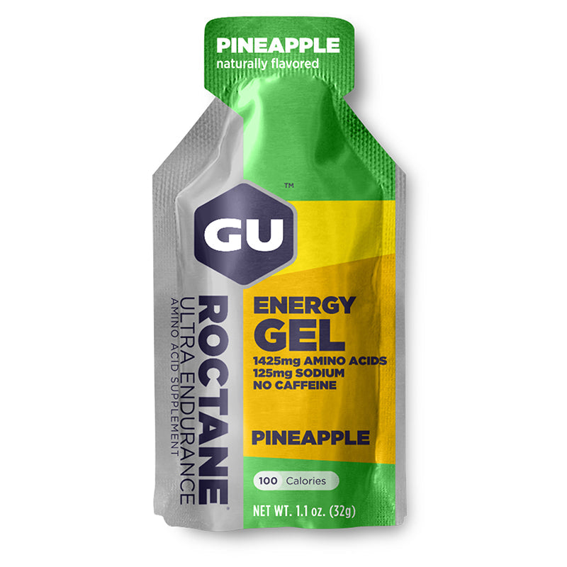 Gel de energía GU Roctane sin cafeína en empaque de snacks y endurance, ideal para deportistas y actividades físicas.