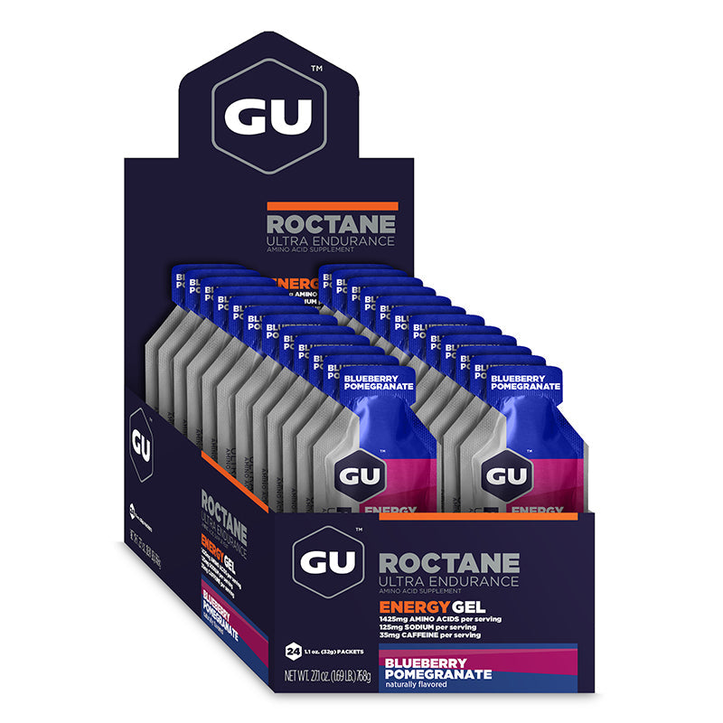 Gel energético GU Roctane con cafeína en caja de 24 unidades, snack de endurance para mejorar rendimiento.