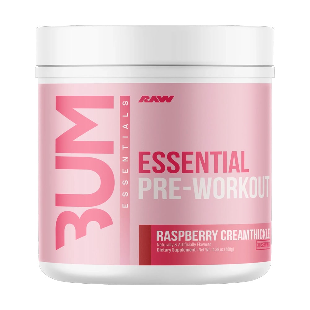 Pre-entrenamiento CBUM Essential de RAW Nutrition con envase y etiqueta visible en imagen.
