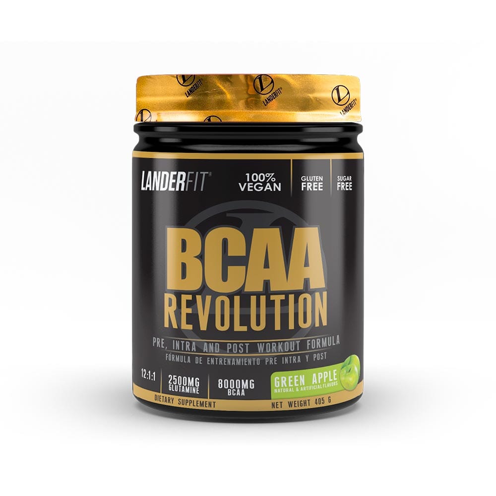 Aminoácidos BCAA Revolution 12:1:1 de Landerfit en polvo de color verde manzana para recuperación muscular.