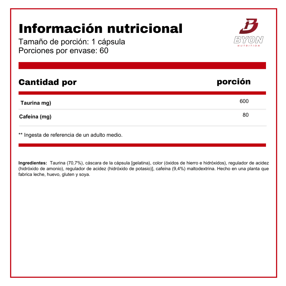 Cafeina + Taurina 60 cápsulas - Byon Nutrition