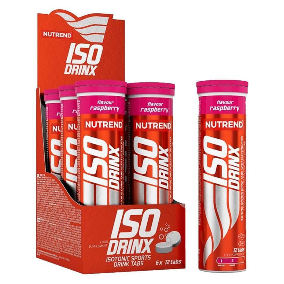 Caja de 6 tubos de Iso Drinx Nutrend con 12 tabletas de electrolitos, snack de endurance sabor limón.