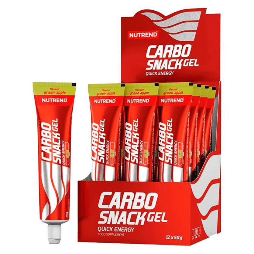 Caja de 12 tubos de Carbosnack de Nutrend, snacks de endurance para energía rápida y recuperación durante el ejercicio.