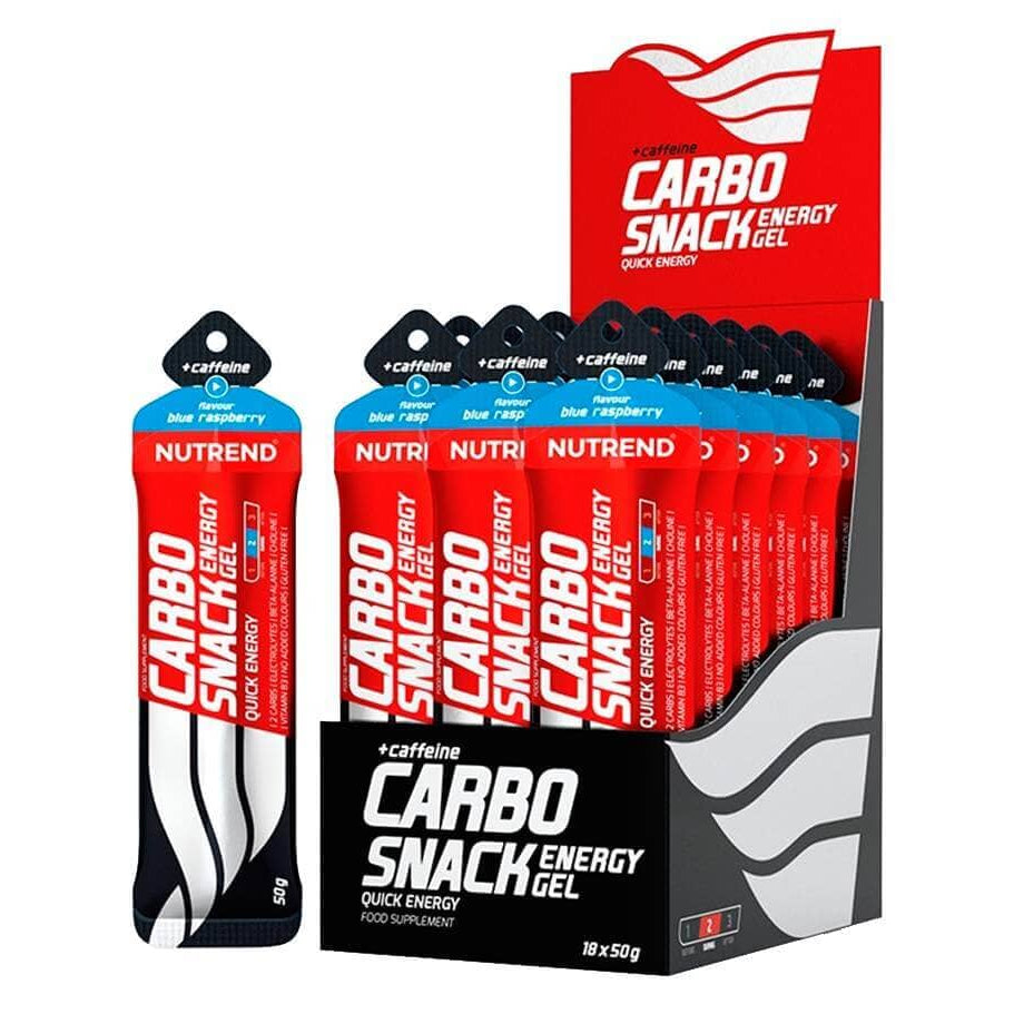 Sachet de Carbosnack con cafeína de Nutrend, caja con 18 snacks para energía y resistencia, en envase individual visible.