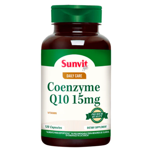 Cápsulas de Coenzima Q10 15 mg Sunvit Life, envase con 120 cápsulas, suplemento de vitaminas y salud.