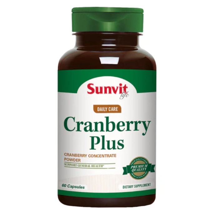 Cápsulas de Cranberry Plus Sunvit Life, suplemento de vitaminas y salud en envase con 60 cápsulas.
