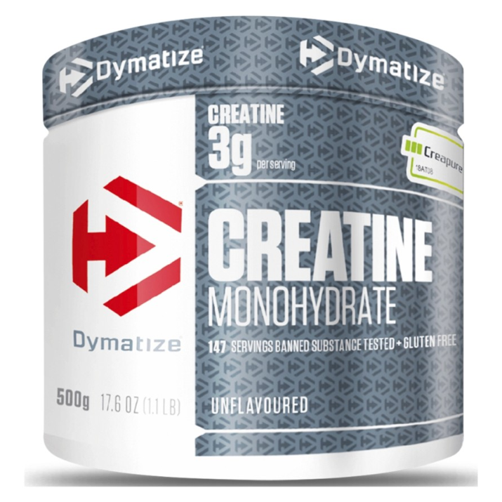 Creatina Creapure Dymatize de 500 g en envase, polvo blanco para mejorar el rendimiento deportivo y la fuerza muscular.