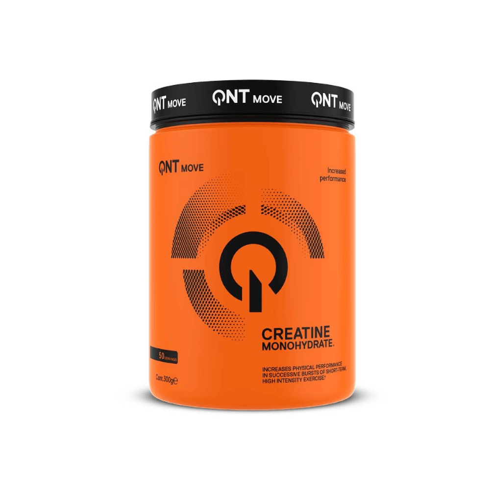 Creatina Monohidratada QNT Sports de 300 g, polvo blanco para mejorar el rendimiento deportivo y la fuerza muscular.