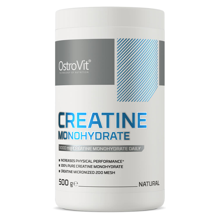 Creatina monohidratada Ostrovit en envase de 500 g, polvo blanco para mejorar el rendimiento deportivo.