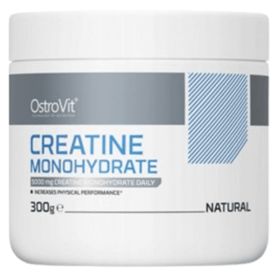 Creatina Monohidratada OstroVit 300g sin sabor, en envase con polvo blanco, ideal para suplementación deportiva.
