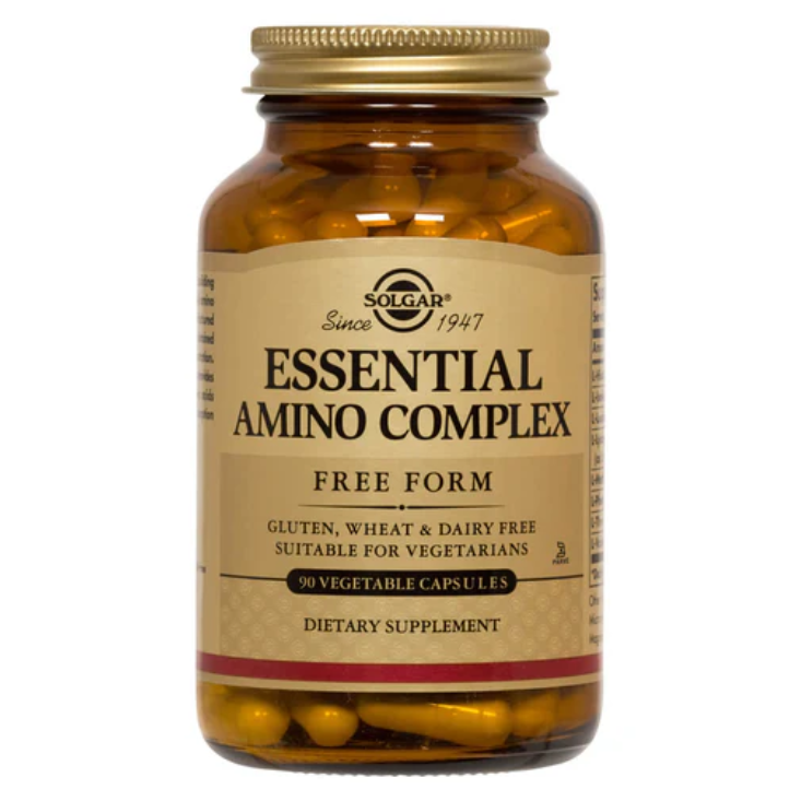 Complemento de aminoácidos Solgar Essential Amino Complex en 90 cápsulas, con aminoácidos esenciales para la salud y energía.