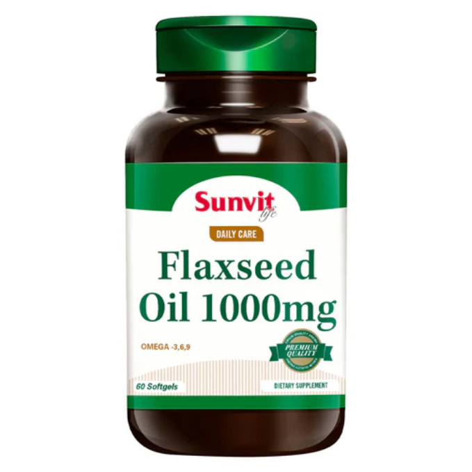 Aceite de linaza Omega 3-6-9 Sunvit Life en cápsulas, muestra la botella con 60 cápsulas de aceite de linaza.