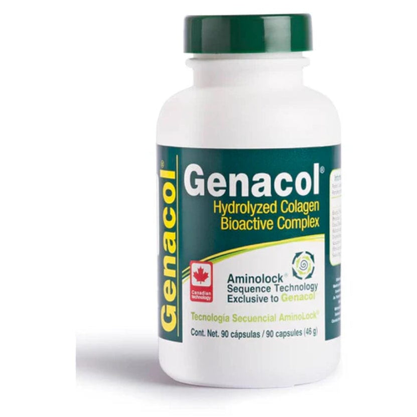 Cajas de Genacol 90 cápsulas de colágeno hidrolizado para salud, en envase blanco con etiqueta azul y texto de la marca.