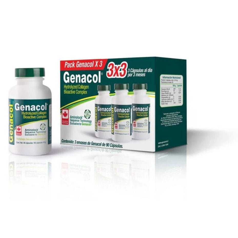 Pack de 3 frascos de vitaminas y salud Genacol, suplemento para bienestar y cuidado del cuerpo.