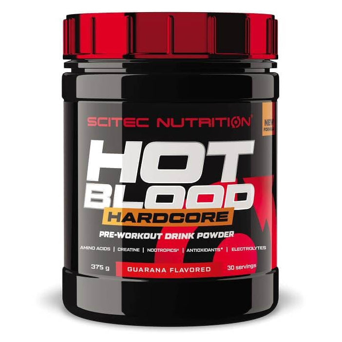 Suplemento pre-entrenamiento Hot Blood Hardcore de 375 g de Scitec Nutrition, envase con polvo para mejorar el rendimiento deportivo