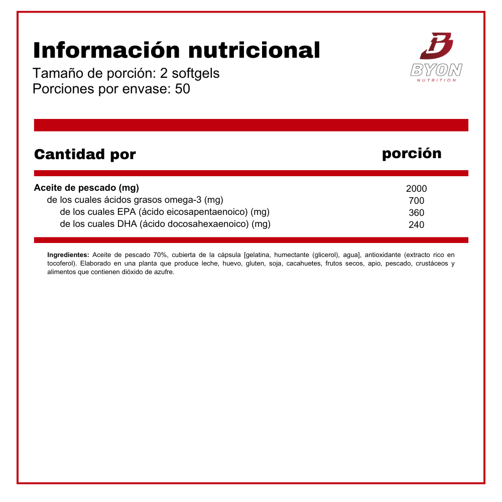 Tabla nutricional de Omega 3 Fish Oil de Scitec Nutrition, suplemento en cápsulas para la salud y bienestar.