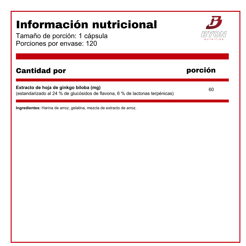 Información nutricional de extracto de Ginkgo Biloba de 60 mg de la marca Swanson, en envase de vitaminas y salud.