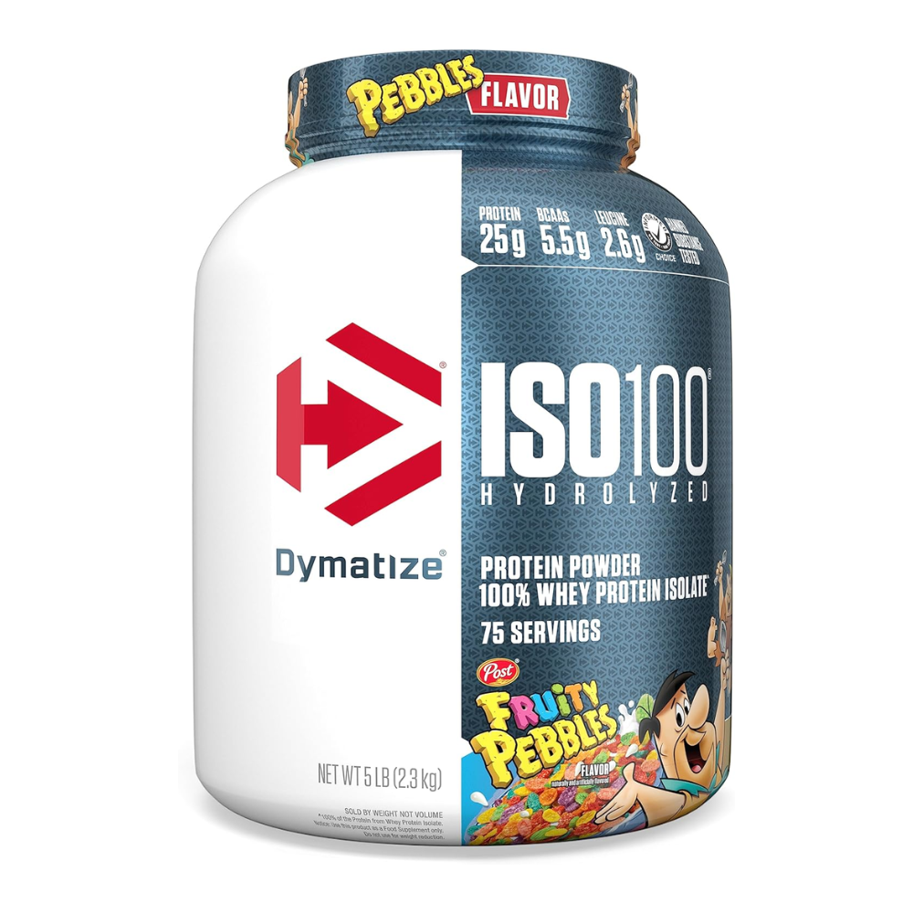 Proteína hidrolizada y aislada ISO 100 de Dymatize en sabor Frutiy Pebbles, envase de 5 lbs, polvo de proteína para entrenamiento.