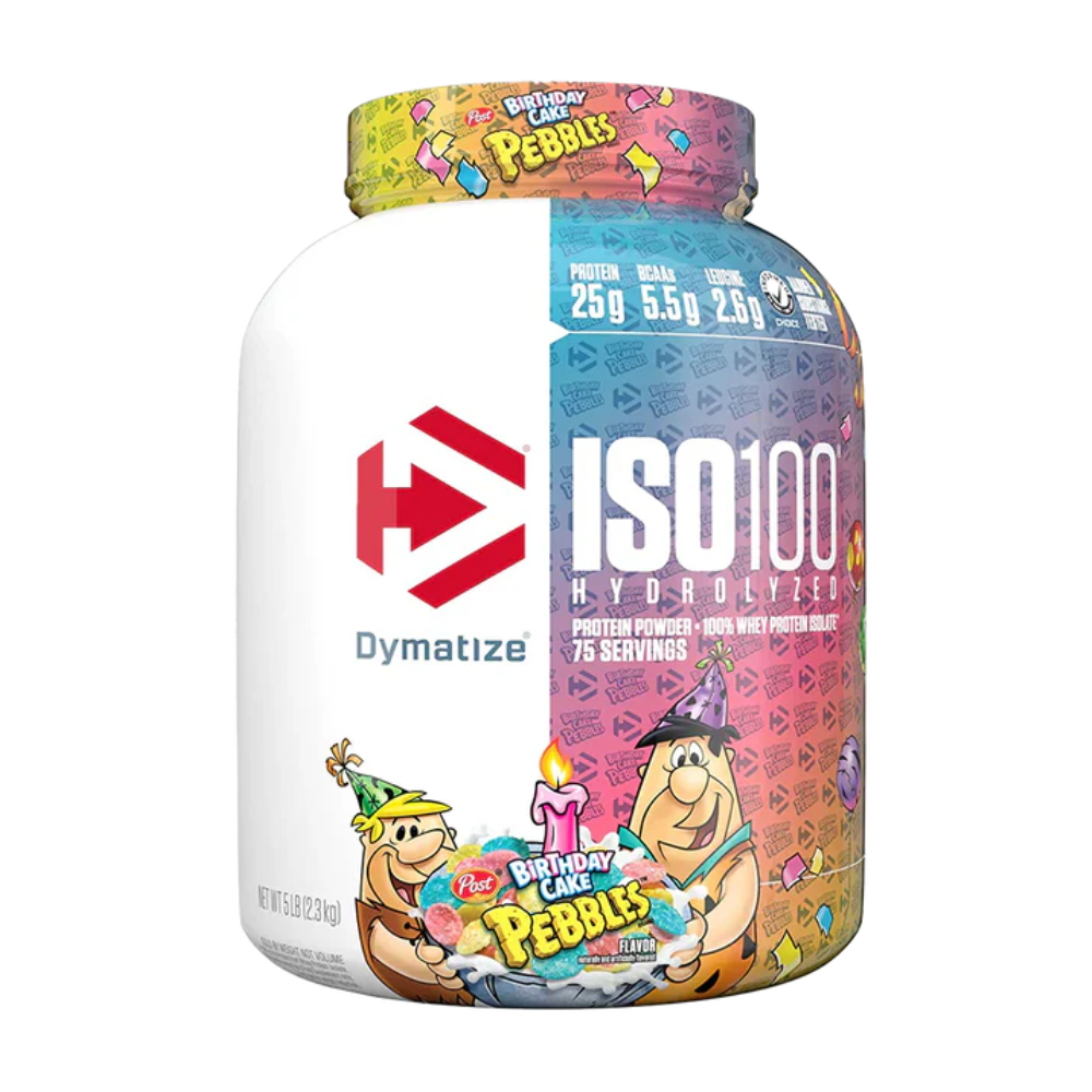 Proteínas ISO 100 Dymatize, proteína hidrolizada y aislada en sabor pastel de cumpleaños, envase de 5 lb.