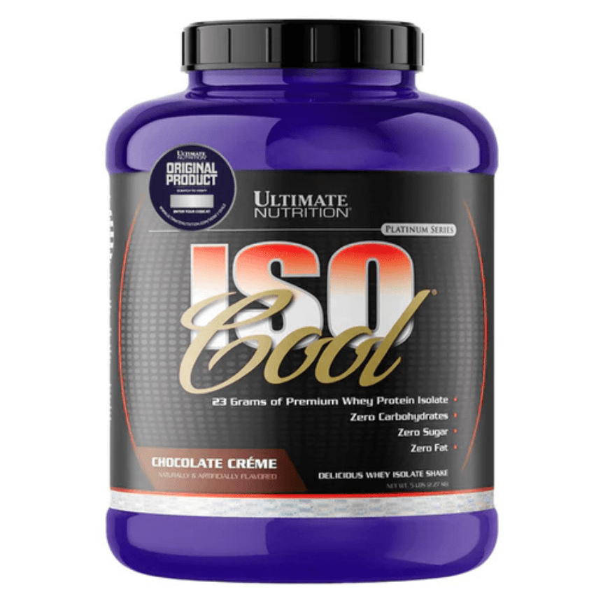 Proteína Iso Cool Ultimate Nutrition de 5 lbs, envase con etiqueta y tapa, en fondo blanco.