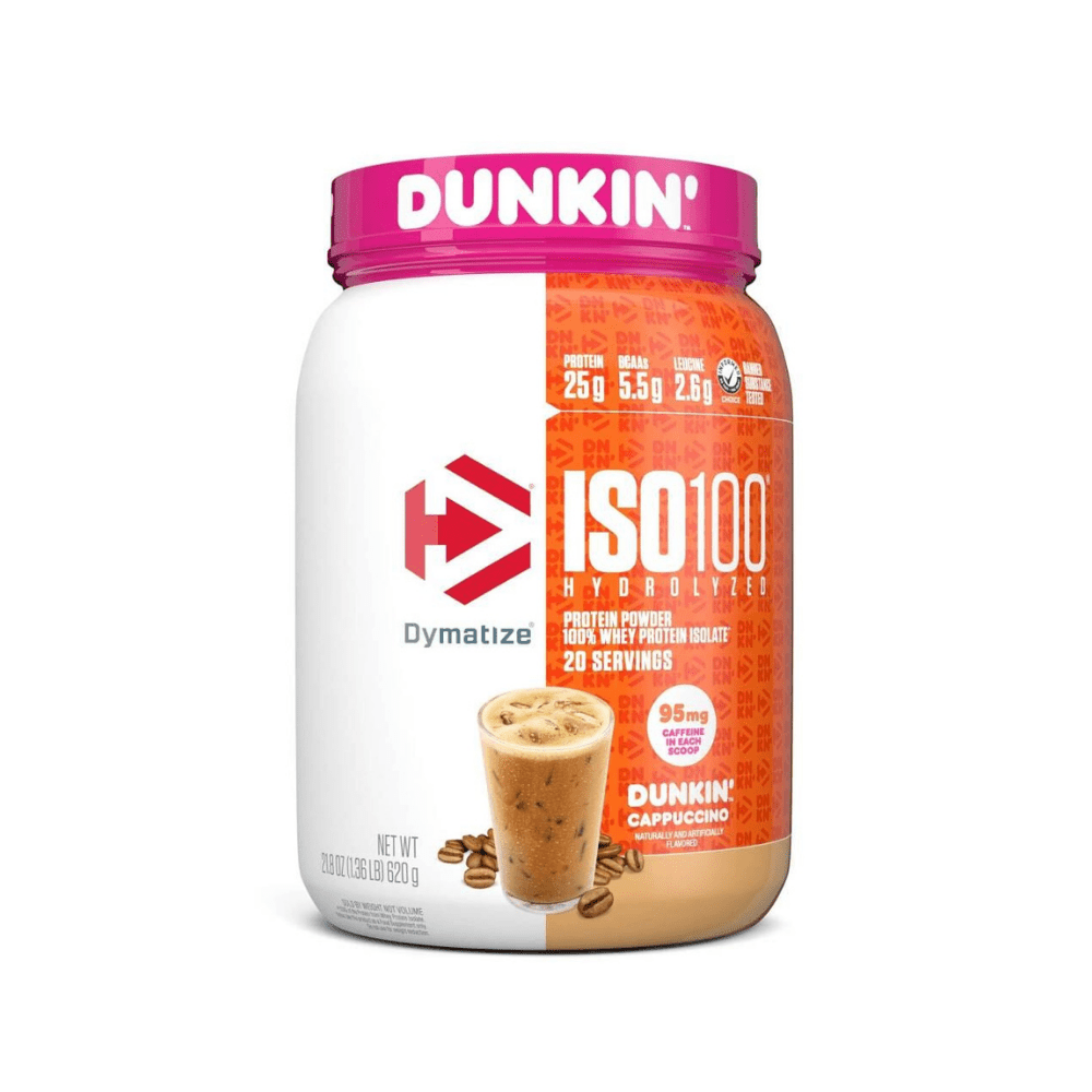 Tarro ISO100 1.34 lb Dymatize (edición Dunkin) – proteína aislada e hidrolizada, 25 g por porción Capuccino