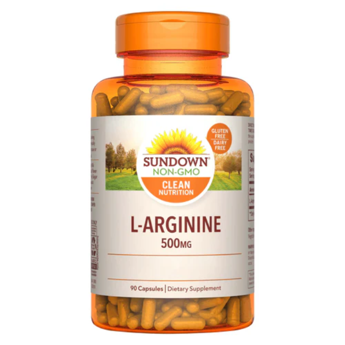Suplemento de aminoácidos L-Arginina 500 mg de Sundown Naturals en cápsulas, con 90 unidades en la imagen.