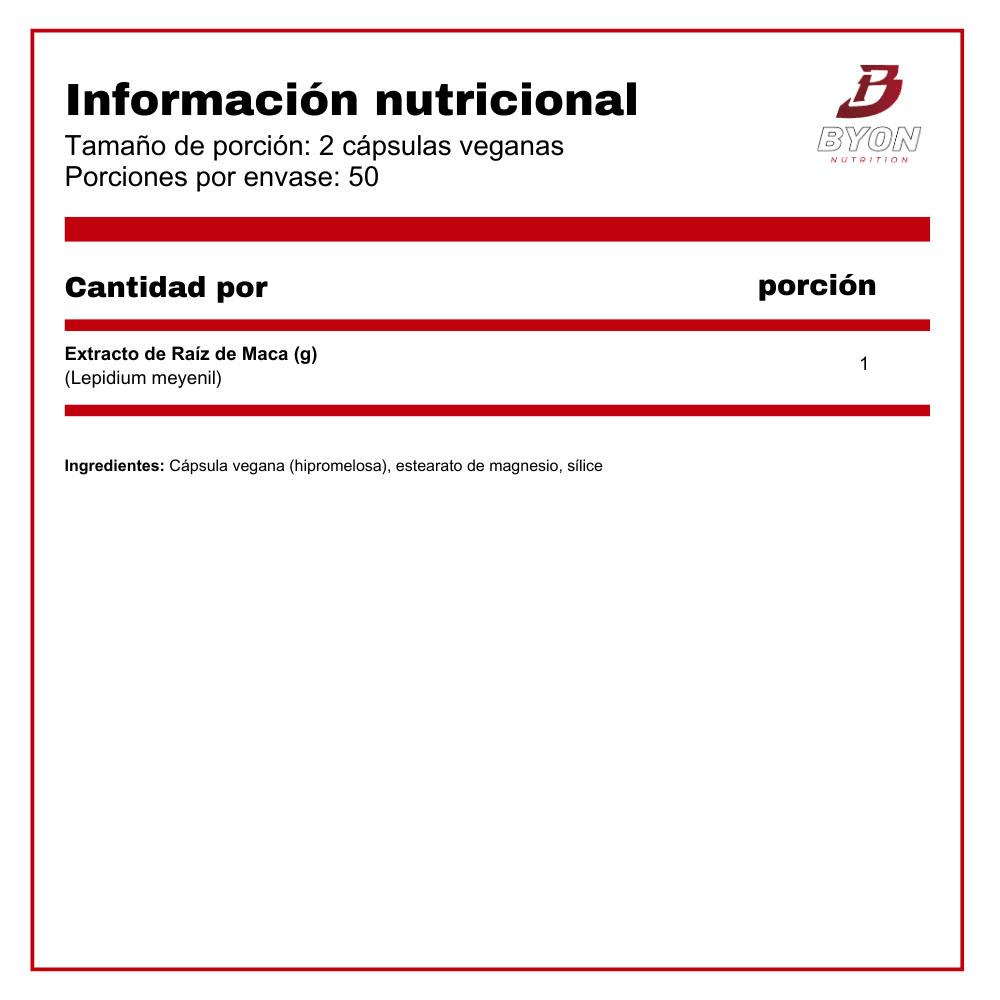 Maca 500 mg 100 cápsulas - Byon Nutrition