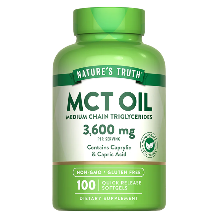 Capsulas blandas de aceite MCT 3600 mg de Nature's Truth, suplemento de Omega 3 en envase de 100 cápsulas.