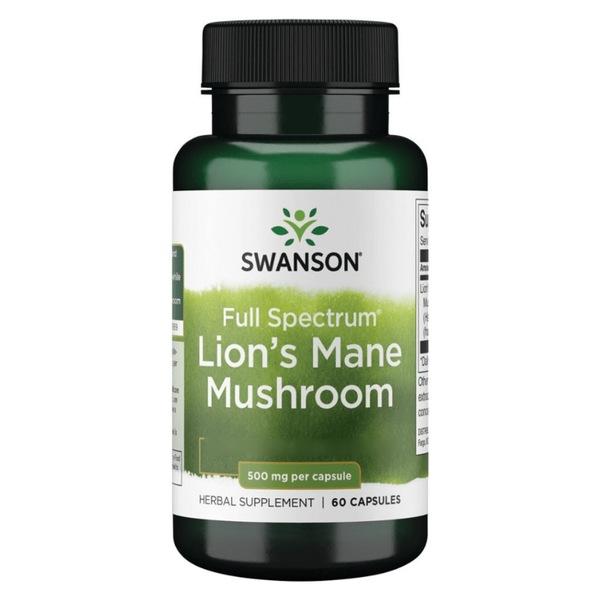 Capsulas de Melena de León de 500 mg de Swanson, suplemento de vitaminas y salud en envase con 60 cápsulas.