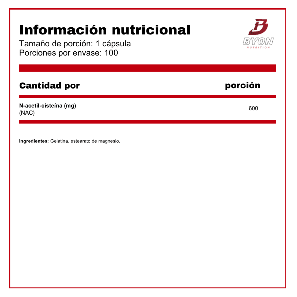 N-Acetyl Cysteine Nac 600 mg 100 cápsulas - Byon Nutrition