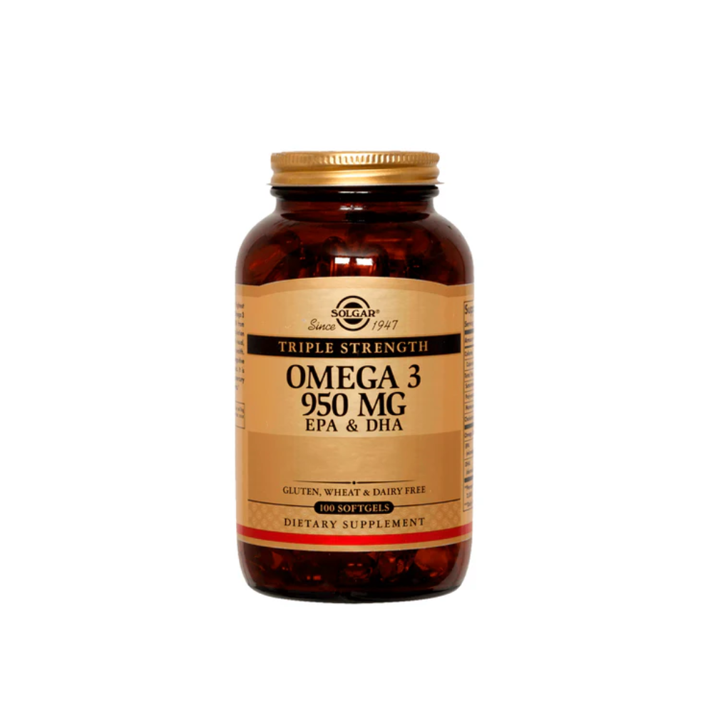 Capsulas blandas de Omega 3 de Solgar, triple fuerza, 950 mg, 100 unidades en envase.