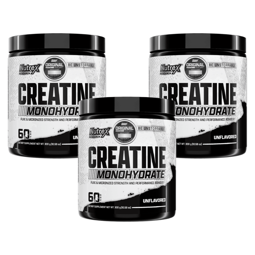 Pack de 3 Creatinas Monohidratadas Nutrex de 300 g, sin sabor.