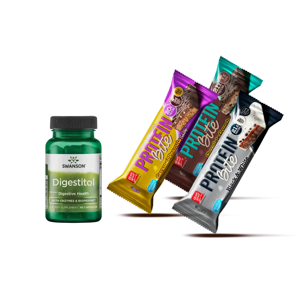 Pack con 3 barras Protein Bite Your Goal y Digestitol Swanson 60 cápsulas.