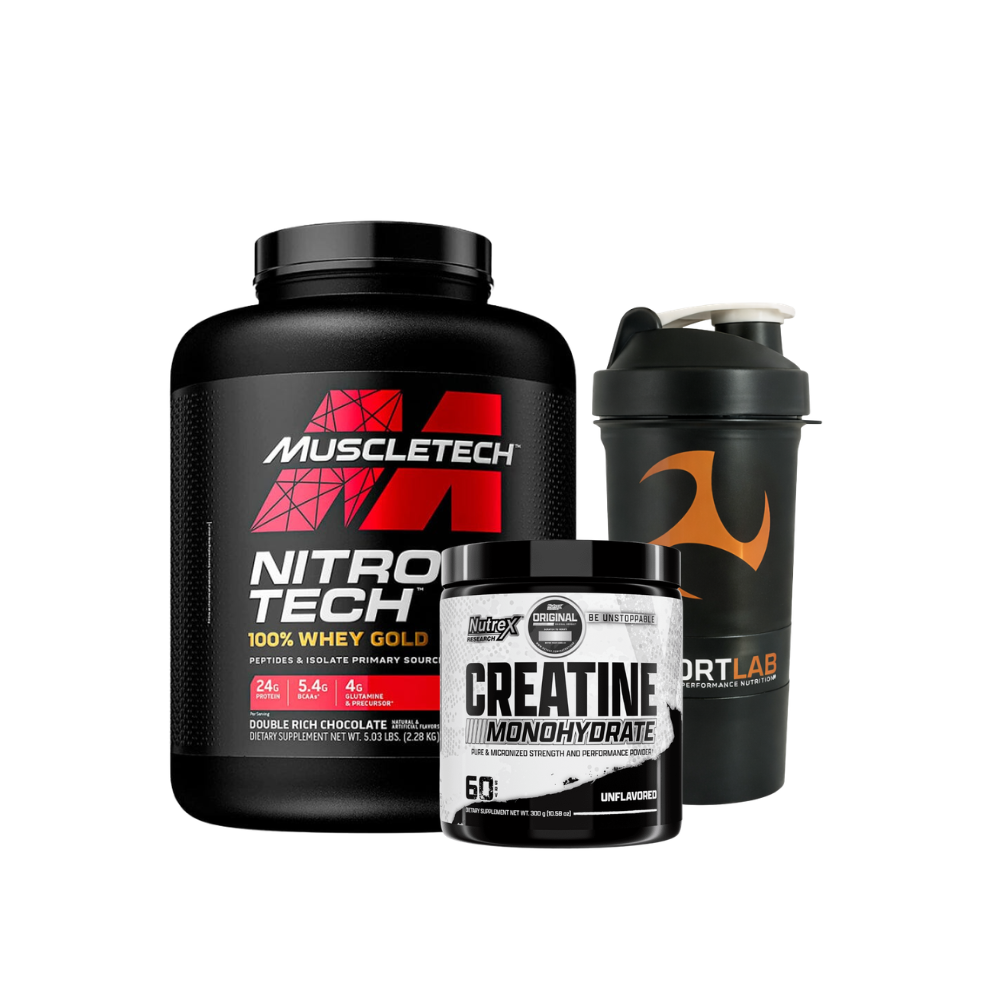 Pack Nitro-Tech Whey Gold 5 lb MuscleTech con creatina Nutrex 300 g y shaker de regalo