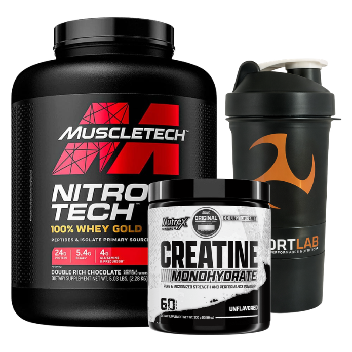 Pack Nitro-Tech Whey Gold 5 lb MuscleTech con creatina Nutrex 300 g y shaker de regalo