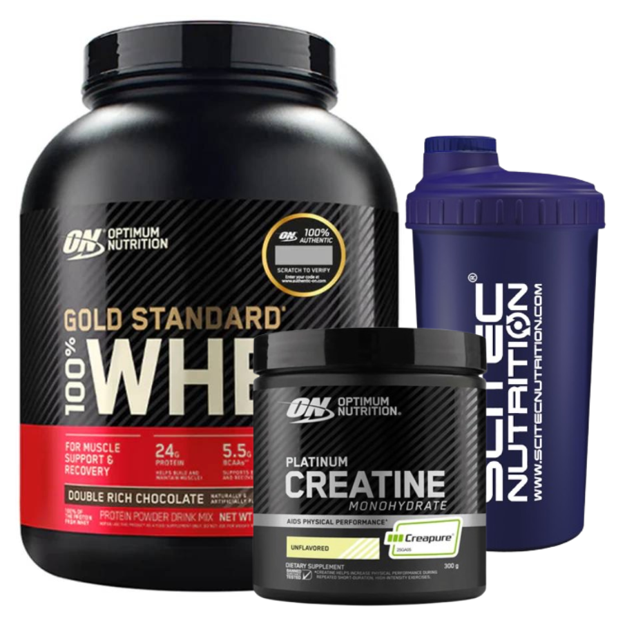 Paquete de proteínas Gold Standard 2.0 Creapure de Optimum Nutrition con creatina monohidratada y batido en shaker.