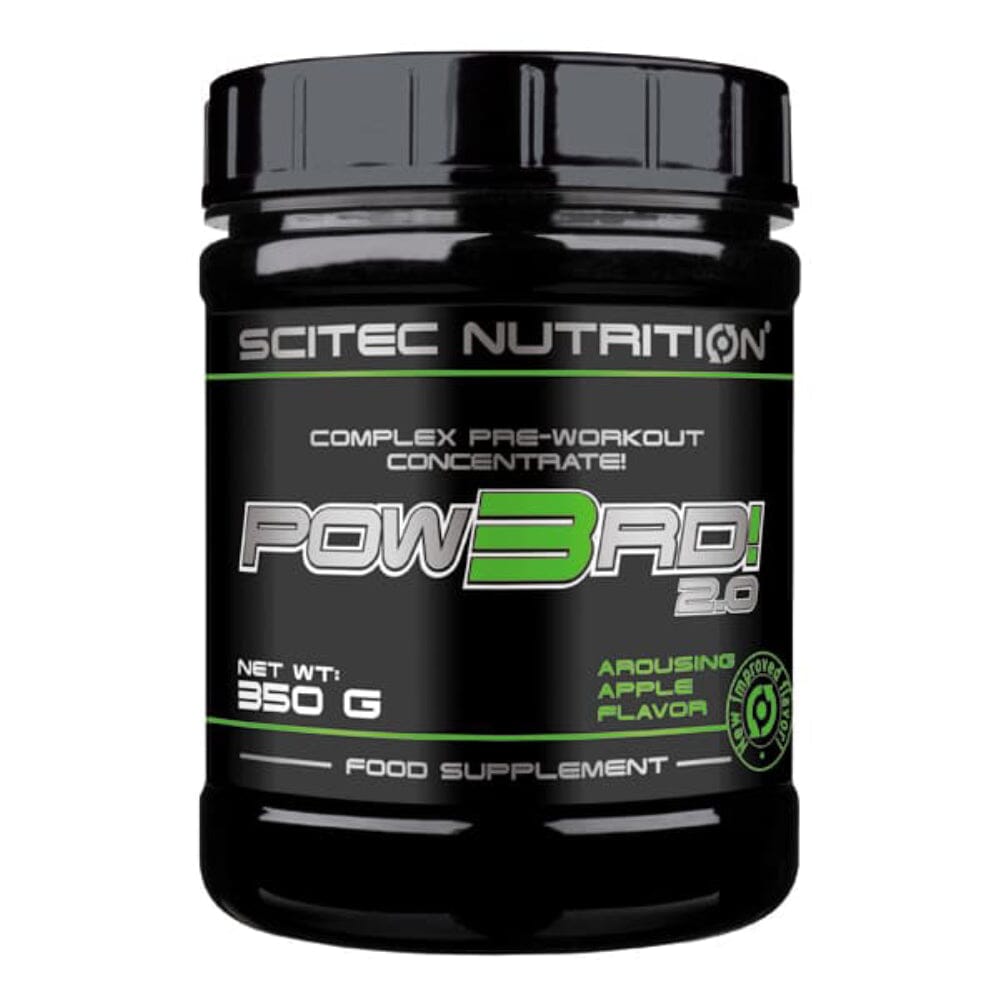 Pre-entrenamiento Pow3rd de 350 g de Scitec Nutrition en sabor manzana, suplemento para mejorar rendimiento en ejercicios.