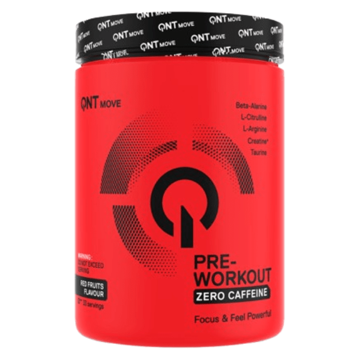 Pre-entreno QNT Sports sin cafeína, polvo para energía y rendimiento en envase con sabor a frutas.