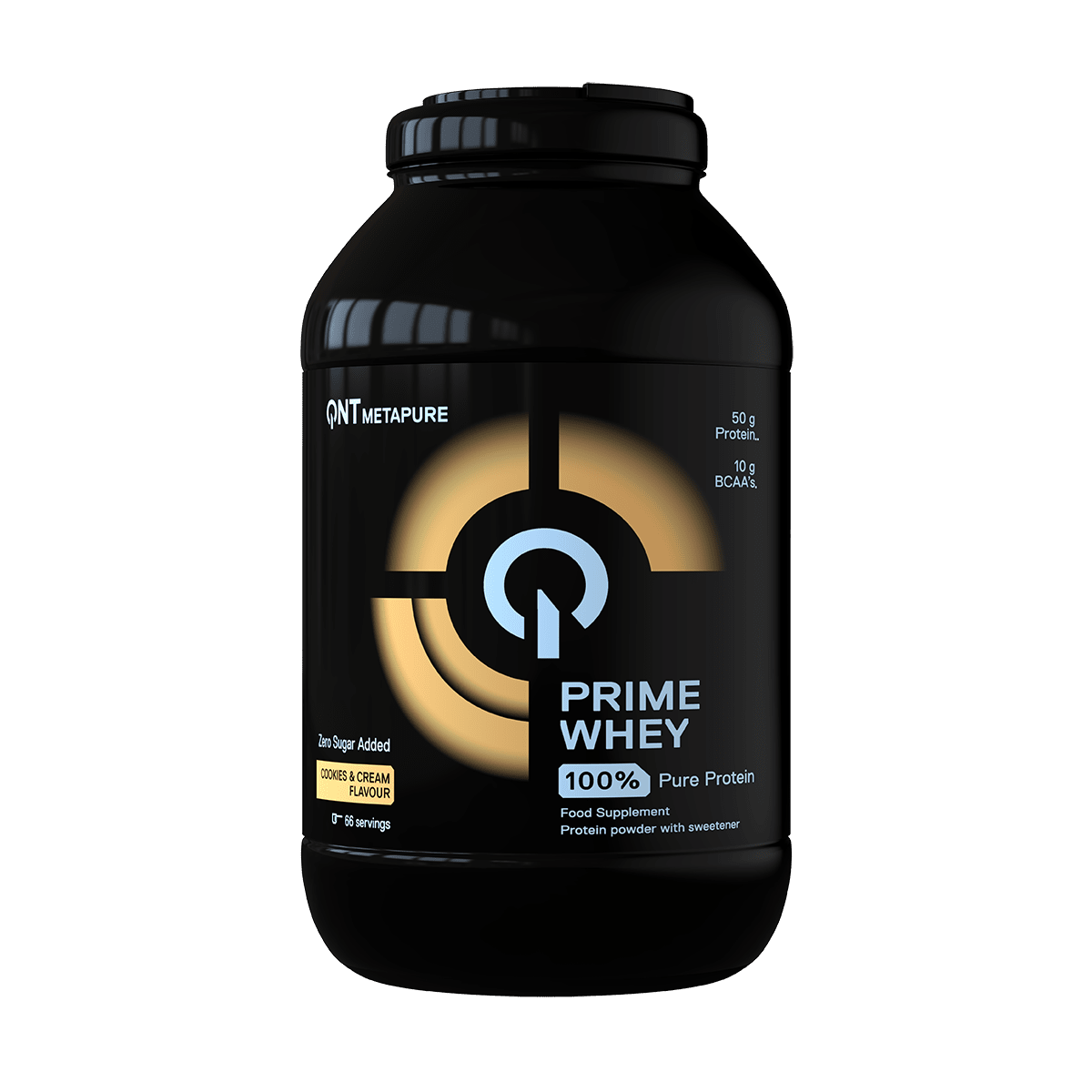 Proteínas Prime Whey QNT Sports en sabor galleta y crema, paquete de 4,4 lbs, vista del envase con etiqueta.