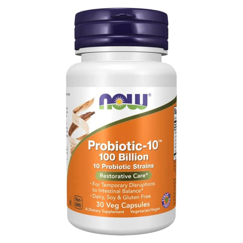 Frasco de Probiotic-10 de Now Foods, 30 cápsulas vegetales de 100 mil millones de UFC.