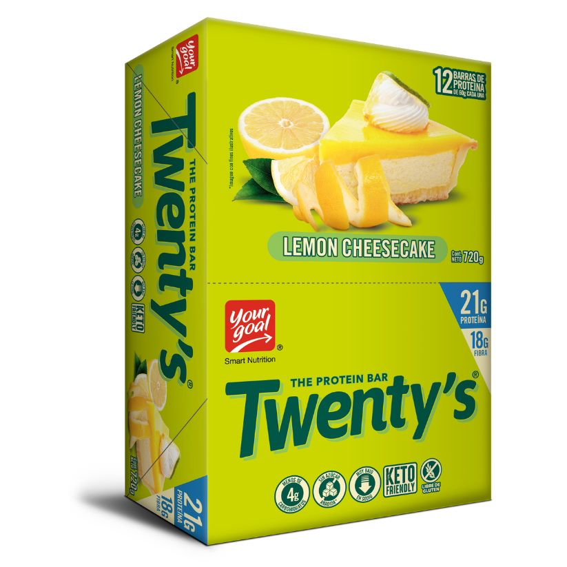 Pack de 12 barritas energéticas Twenty’s Your Goal sabor limón y tarta de queso, snack nutritivo para endurance y energía.