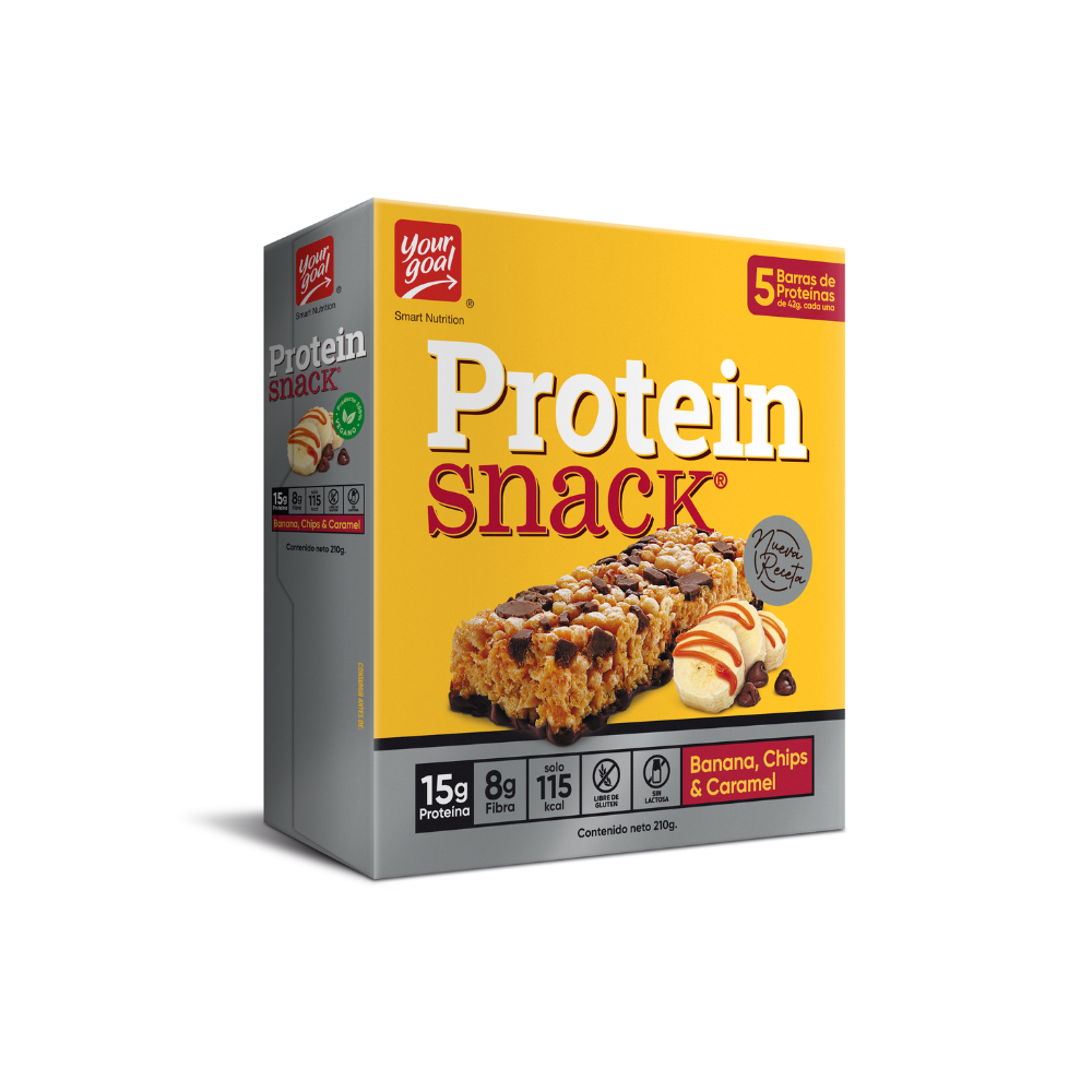 Barras de proteínas Your Goal Snack, paquete con 5 barras de snacks y endurance, vista del envase con barras visibles.