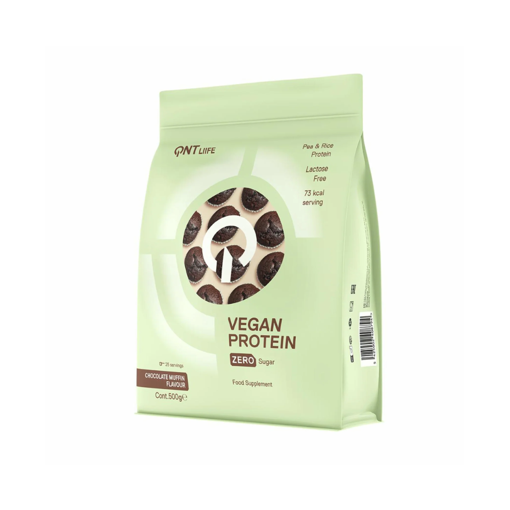 Proteína vegana QNT Sports sabor chocolate muffin en envase de 500 g, sin azúcar, para potenciar entrenamientos saludables.