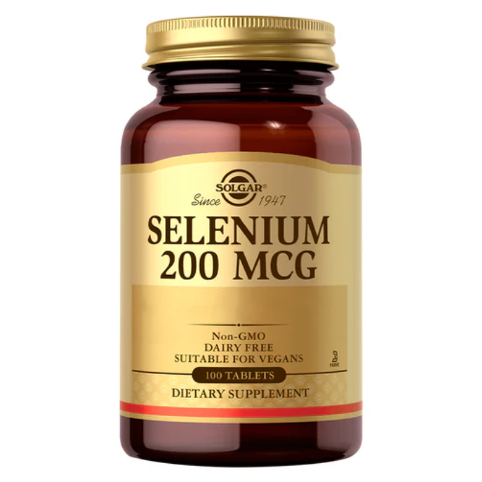 Tabletas de Selenio 200 mcg de Solgar, suplemento en frascos con 100 tabletas para salud y bienestar.