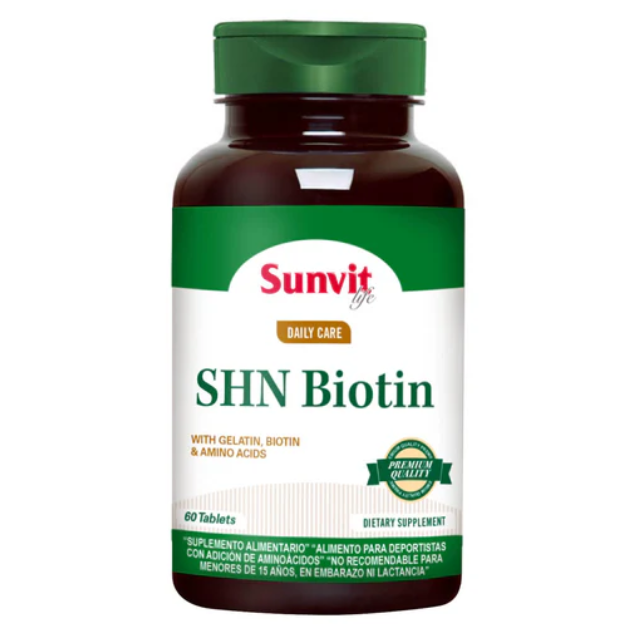 Frasco de SHN Biotina y Colágeno de Sunvit Life con 60 cápsulas.