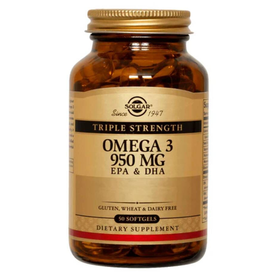 Suplemento de Omega 3 950 mg de Solgar en 50 softgels, vitaminas y salud, con cápsulas suaves de aceite de pescado.