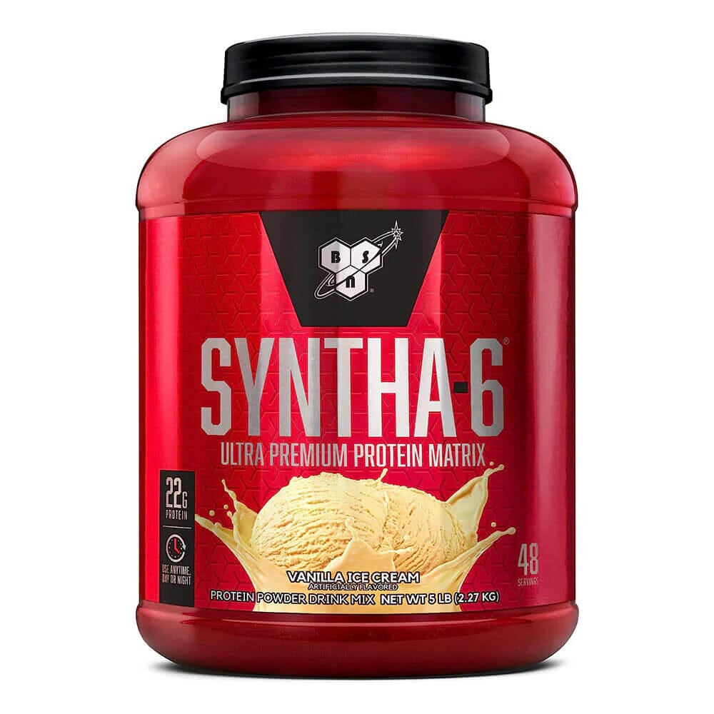 Proteínas Syntha 6 de BSN en envase de 5 lbs, sabor vainilla con helado, polvo para batidos de proteína.