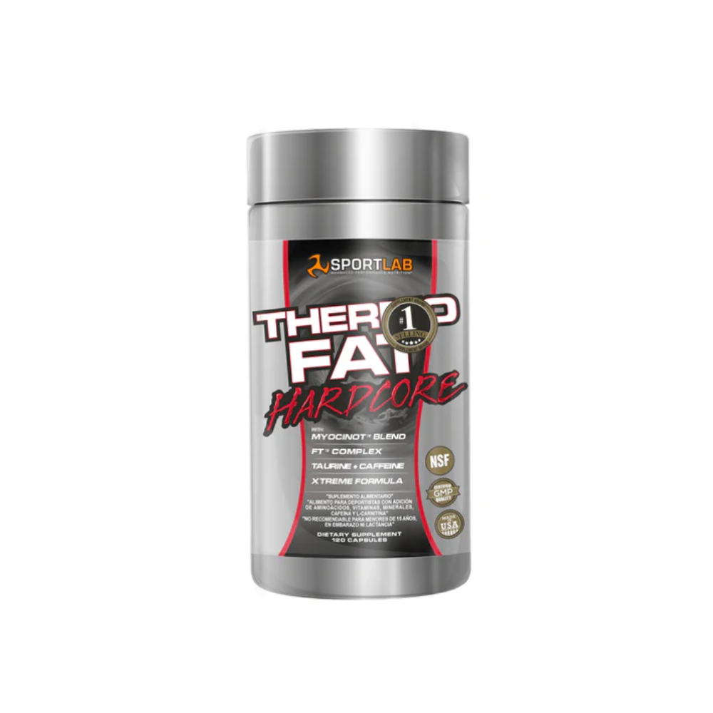 Capsulas de Thermo Fat Hardcore Sportlab, suplemento de dieta y quemadores para pérdida de peso, en envase de 120 cápsulas.