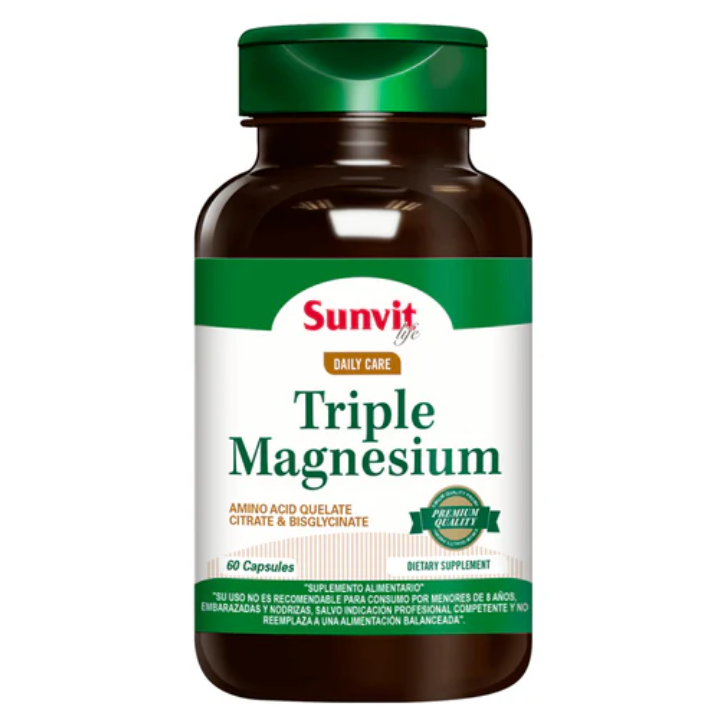 Cápsulas de magnesio triple Sunvit Life, envase con 60 cápsulas de magnesios en frasco de color blanco y verde.