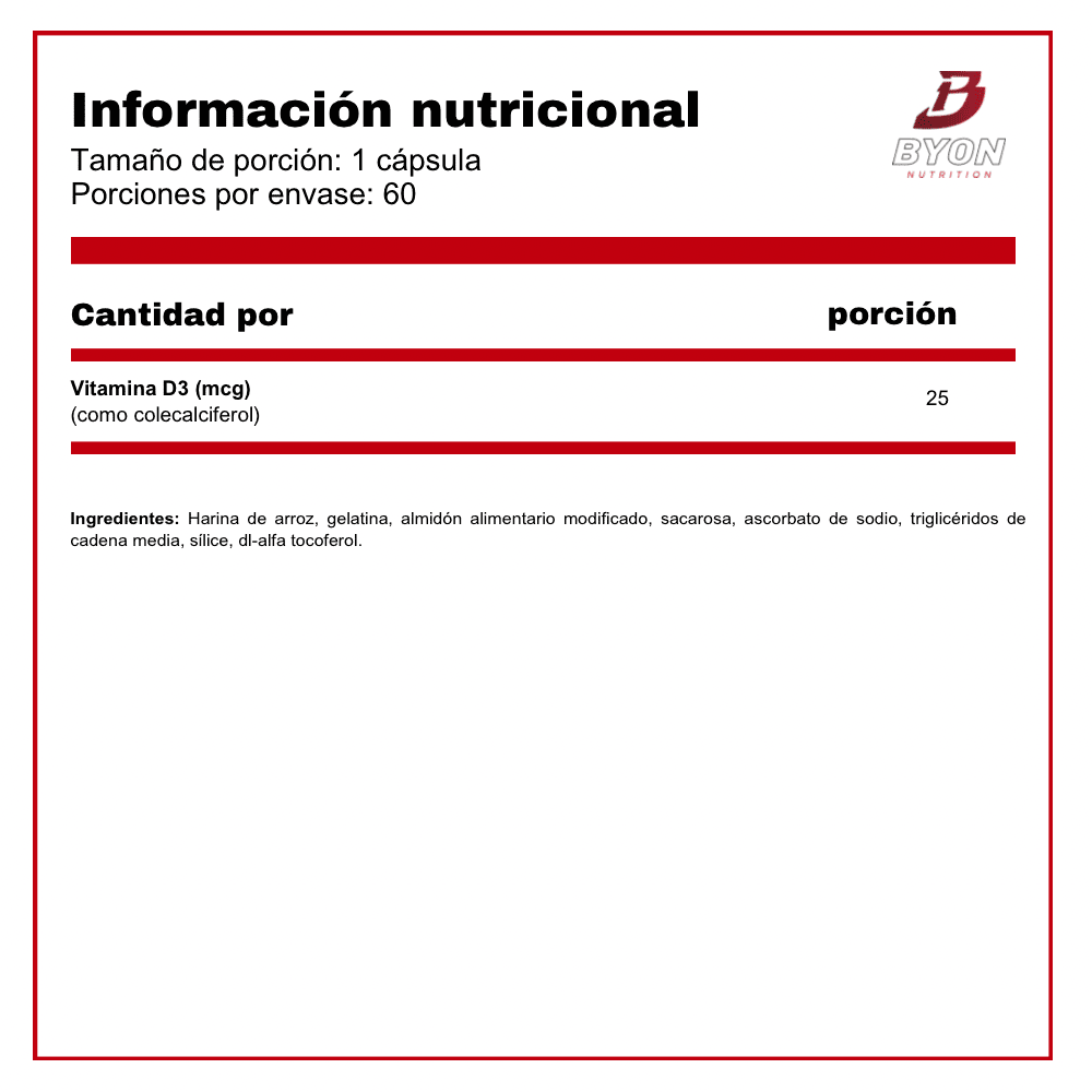 Vitamina D3 1000 UI 60 cápsulas - Byon Nutrition